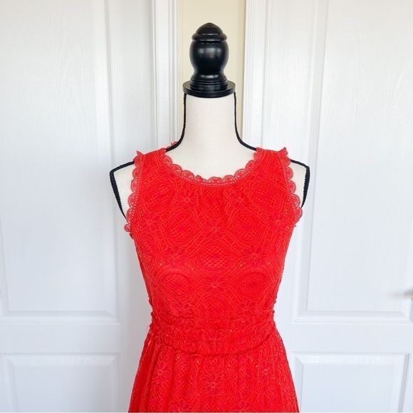 Max Studio XS Red Orange Bright Cheerful Floral Lacy Layered Sleeveless Dress - Picture 2 of 13